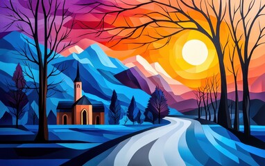 A fauvist monastery painting by leeyongjay showcases purple mountains positioned left, trees, and a radiant sun in an expressive landscape illustration.