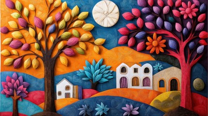 A vibrant fauvist painting depicts a quaint schoolhouse led in a coral-hued landscape, with trees bursting in rainbow colors under a serene moonlit sky.