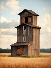 A vintage charcoal photograph showcases a weathered silo positioned on the left, evoking rural charm and a sense of timelessness in the countryside landscape.