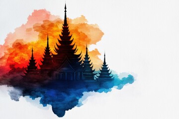 A watercolor painting presents a temple against a vibrant centered gradient of color, showcasing leeyongjay's artistic interpretation with ba architecture beautifully.
