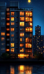 Zen art illustration showcases a modern apartment building positioned gracefully right on the waterfront under a calming moonlit night in the city center.