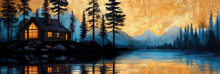 Impressionist painting depicts a cozy cabin, positioned left, glowing warmly beside a still lake reflecting the pine trees and mountains beyond it all.