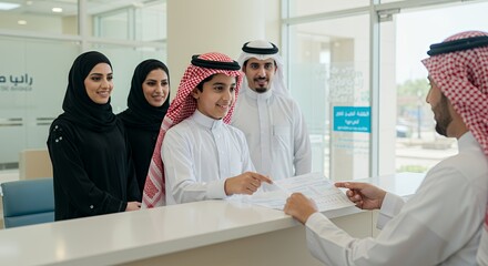 Arab family interacts with a bank teller, showcasing a document during a financial transaction at a modern facility.