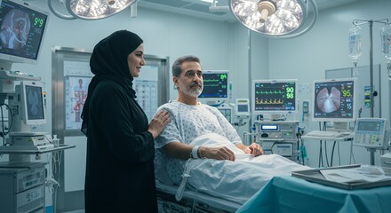Reassurance and comfort in a modern hospital room, a woman offers support to a recovering male patient.