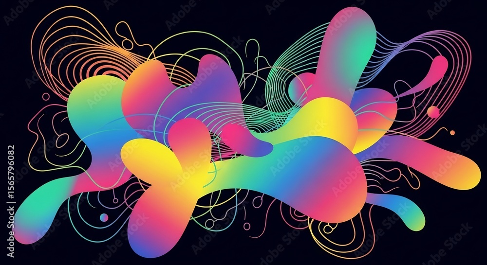 Fototapete vibrant gradient blobs with flowing lines on dark background, abstract art