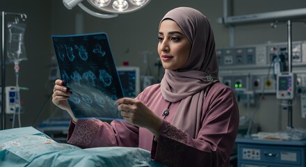 A female doctor in a hijab thoughtfully examines medical scans in a dimly lit hospital room, showcasing her dedication and expertise.