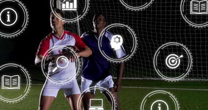 Soccer players bracing each other as incoming ball launching header winning duel amid digital icons