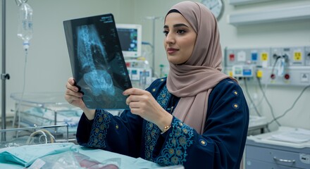 A female doctor in a hijab carefully examines a medical X-ray in a modern hospital setting, showcasing her dedication to patient care.