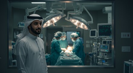 Observing a Surgical Procedure: A Man in Traditional Clothing Watches from Outside an Operating Room.