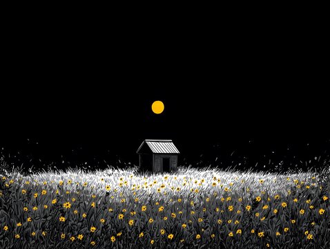 An evocative shot of a lone cabin set against a stark yet captivating nighttime landscape, under a mesmerizing yellow moon. The simplicity of the scene contrasts the dark of the sky with an elegant.