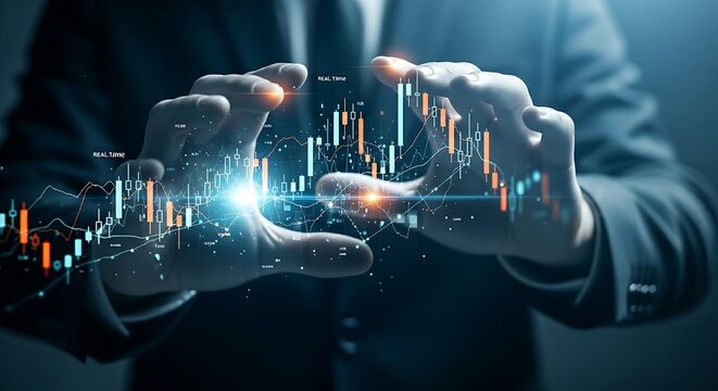 Stock market trading concept. Trader's hands viewing a holographic interface with candlestick charts and financial data for investment strategy.