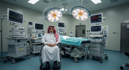 A man in traditional clothing sits calmly in a wheelchair amidst advanced medical equipment in a modern operating room.