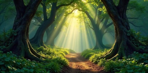 Sunlit Path Through Mystical Forest Discover Serene Beauty in a Lush, Ancient Canopy