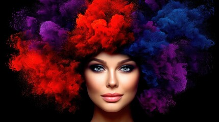 Colorful powder explosion surrounds a woman's face creating a vibrant and dynamic artistic portrait