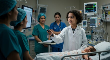 Young doctor examines patient, guided by experienced medical professionals in a brightly lit hospital room.