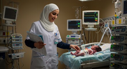 Compassionate nurse gently touches newborn in a modern hospital nursery, showcasing dedication and care.