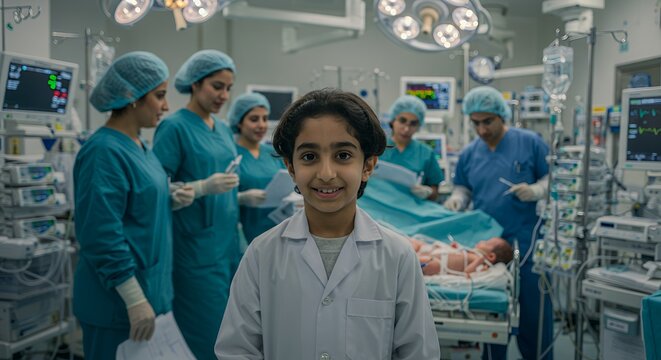 Young aspiring doctor smiles confidently in a bustling operating room, surrounded by a team of surgeons.