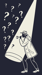 Mysterious preview vector graphic with dark background, spotlight effect and question mark
