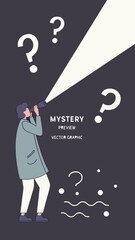 Mysterious preview vector graphic with dark background, spotlight effect and question mark