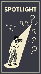 Mysterious preview vector graphic with dark background, spotlight effect and question mark