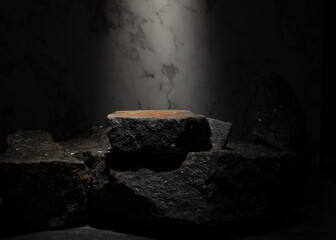 natural stones with texture on dark background for podium background presentation of cosmetics...