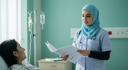 Compassionate female doctor in hijab reviews patient's chart, offering comfort and care in a hospital room.