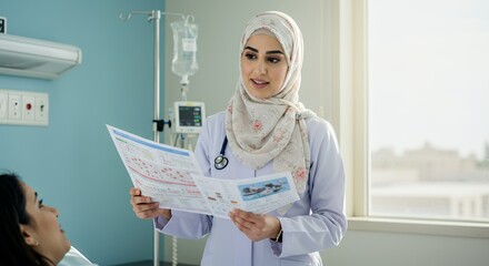 Compassionate female doctor in hijab shares medical information with a patient, showcasing healthcare inclusivity and personalized care in a modern