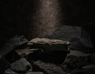 natural stones with texture on dark background for podium background presentation of cosmetics...