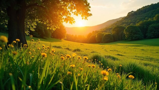 Golden hour sunlight bathes a lush green landscape as the temperature rises, signifying the peak of summer Perfect for travel, vacation, and seasonal themes , rise, july, scenic