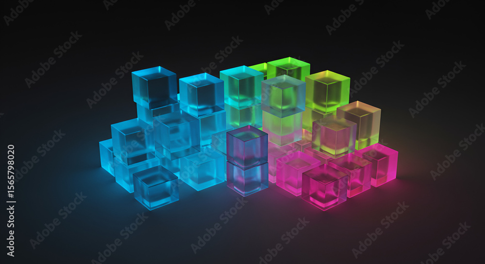 Poster colorful translucent cubes arranged in a dynamic stack on a dark background