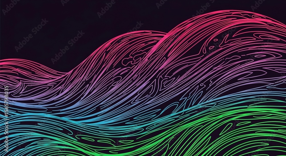Poster vibrant gradient waves: abstract line art with dynamic color transitions on dark background
