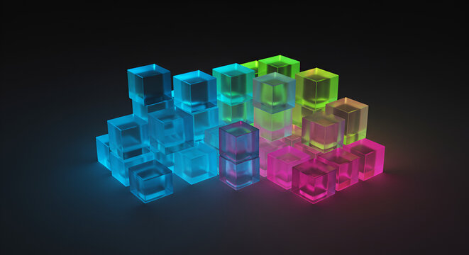 Colorful translucent cubes arranged in a dynamic stack on a dark background - Powered by Adobe