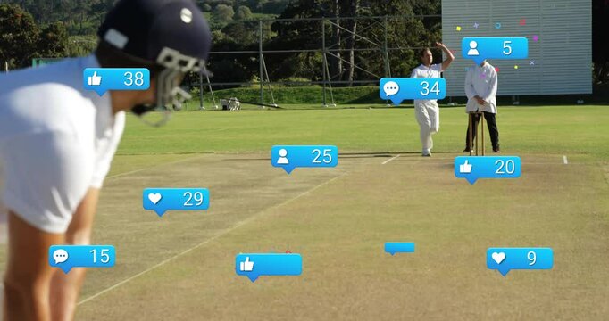 Bowler running in and releasing ball on cricket pitch causing likes hearts comment bubbles - Powered by Adobe