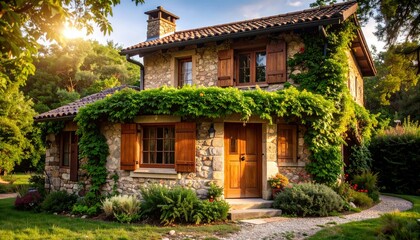 Rustic Stone Cottage With Climbing Ivy and Wooden Shutters Under Warm Sunlight and Green Foliage