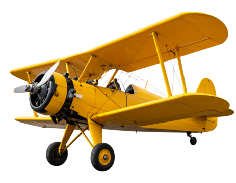  Side View of Classic Yellow Biplane with Vintage Detailing isolated on transparent background PNG - Powered by Adobe