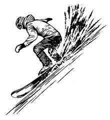 Hand drawn illustration of snowboarder in action.