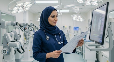 Focused female doctor reviews medical charts in a modern hospital operating room, surrounded by advanced robotic surgical equipment.