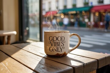 A photograph of a steaming cup of coffee sitting on a weathered wooden cafe table