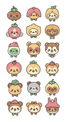 Cute Colorful Cartoon Animal Characters with Fruit Hats in Simple White Background