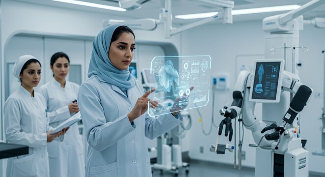 Female doctor uses futuristic holographic interface in modern hospital, colleagues observing.
