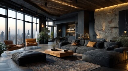 Luxury Living Room Interior with Black Sofa Wood Accents and City View at Day