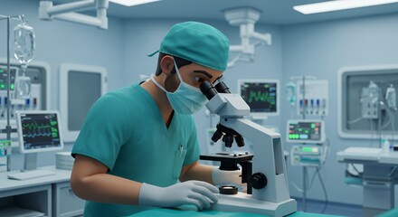 Focused surgeon meticulously examines a sample under a microscope in a modern operating room.