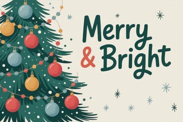 A cheerful Christmas greeting card featuring a stylized, vectorized sketch of a festive Christmas tree adorned with colorful baubles and twinkling lights
