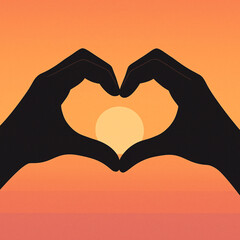 Silhouette of hands forming heart shape with sun in background during sunset or sunrise time