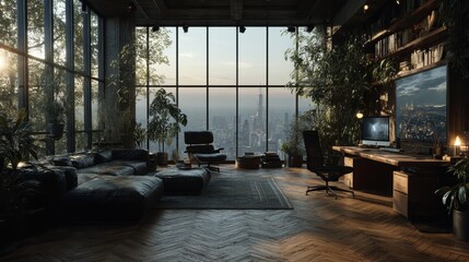 Obraz premium Panoramic Living Room with Indoor Plants Modern Furniture and Desk Setup with Computers Showcasing Cityscape View