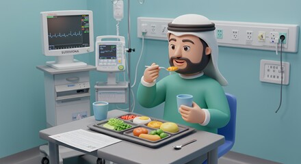 Cheerful man in traditional attire enjoys a nutritious hospital meal, showcasing a positive healthcare experience.