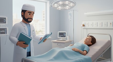Compassionate doctor reviews patient charts bedside, offering comfort and care in a modern hospital room.