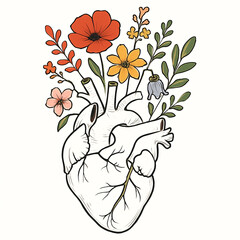 Anatomical heart with colorful flowers sprouting from the top on a plain white background art piece