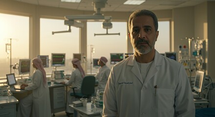 Confident doctor stands in a modern hospital ward at sunset, colleagues working in the background.