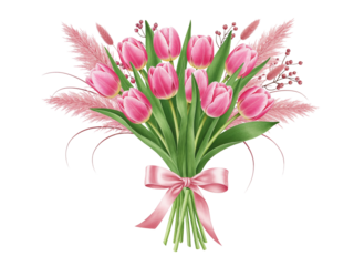 Beautiful bouquet of pink tulips and pampas grass with a pink ribbon isolated on transparent background